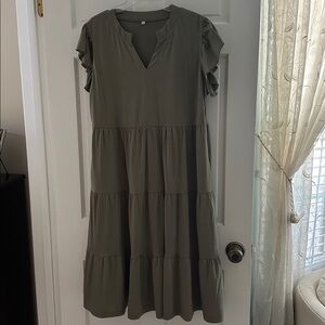 Green Flutter Sleeve V Neck Midi Dress with Pockets, XL